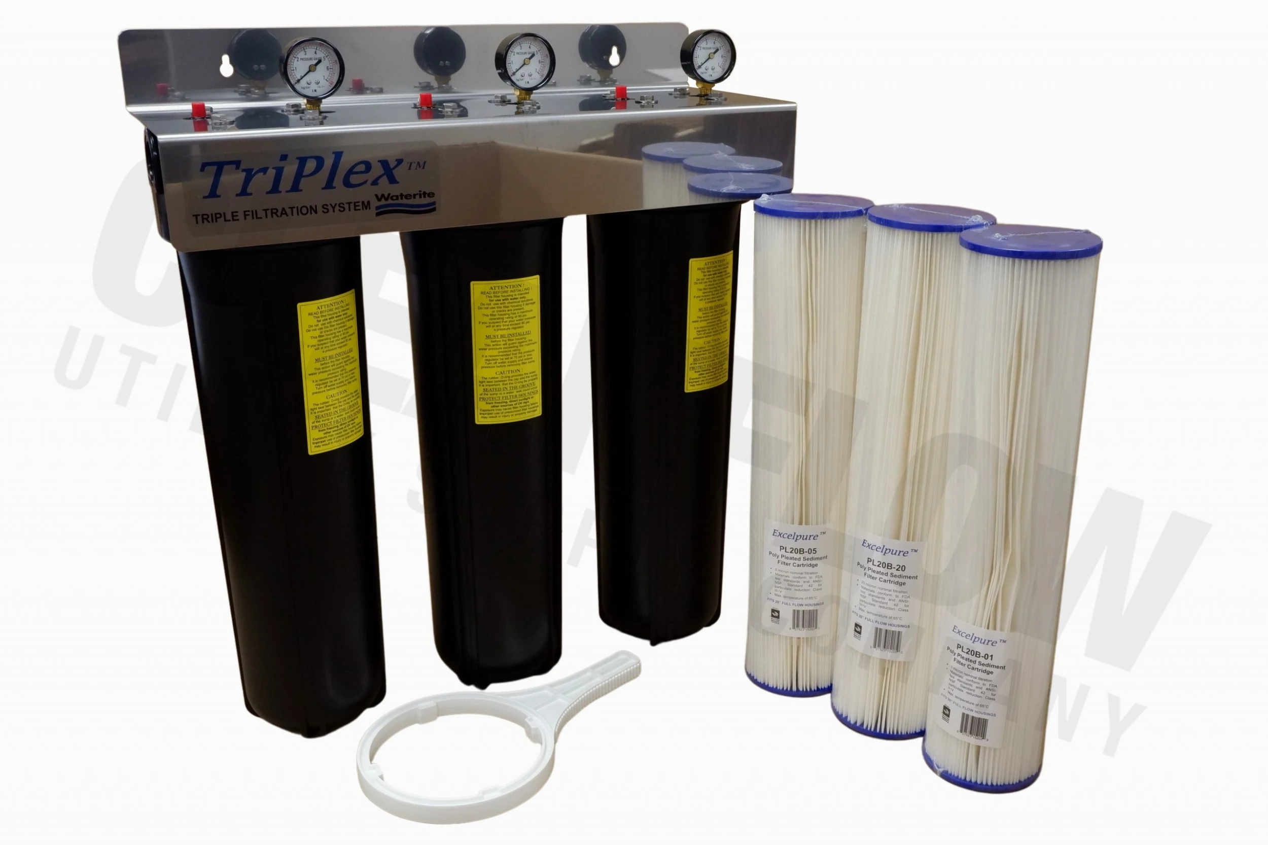 Waterite TriPlex 4.5" OD Big Blue Water Filter Housing | 20" 8 Waterite TriPlex 4.5" OD Big Blue Water Filter Housing | 20"