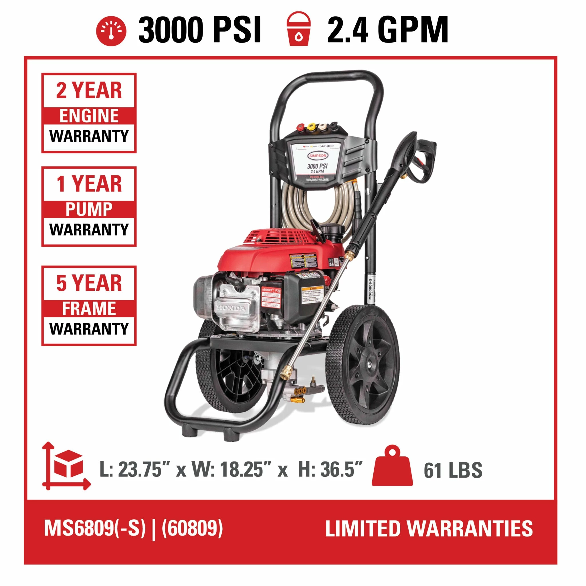 Pressure Washers Simpson MegaShot Cold Water Honda GCV160 (160cc) Gas Engine Pressure Washer - 3000 PSI - 2.4 GPM Axial Pump 12 Pressure Washers Simpson MegaShot Cold Water Honda GCV160 (160cc) Gas Engine Pressure Washer - 3000 PSI - 2.4 GPM Axial Pump