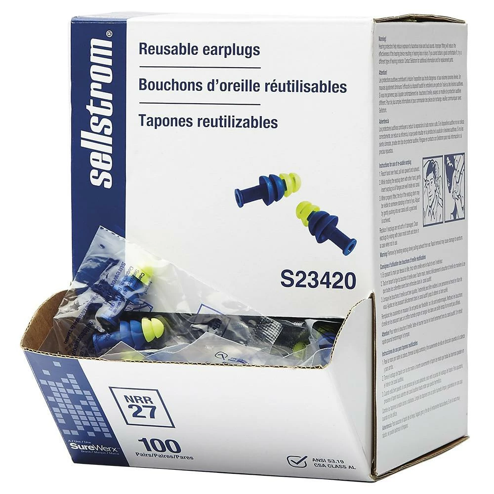 Sellstrom Premium Reusable Tapered Ear Plugs - 100 Pairs 4 Sellstrom Premium Reusable Tapered Ear Plugs - 100 Pairs