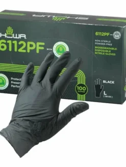 Showa 6112PF Black Nitrile 4-Mil Biodegradable Powder-Free Examination Gloves - Box Of 100 Work Gloves