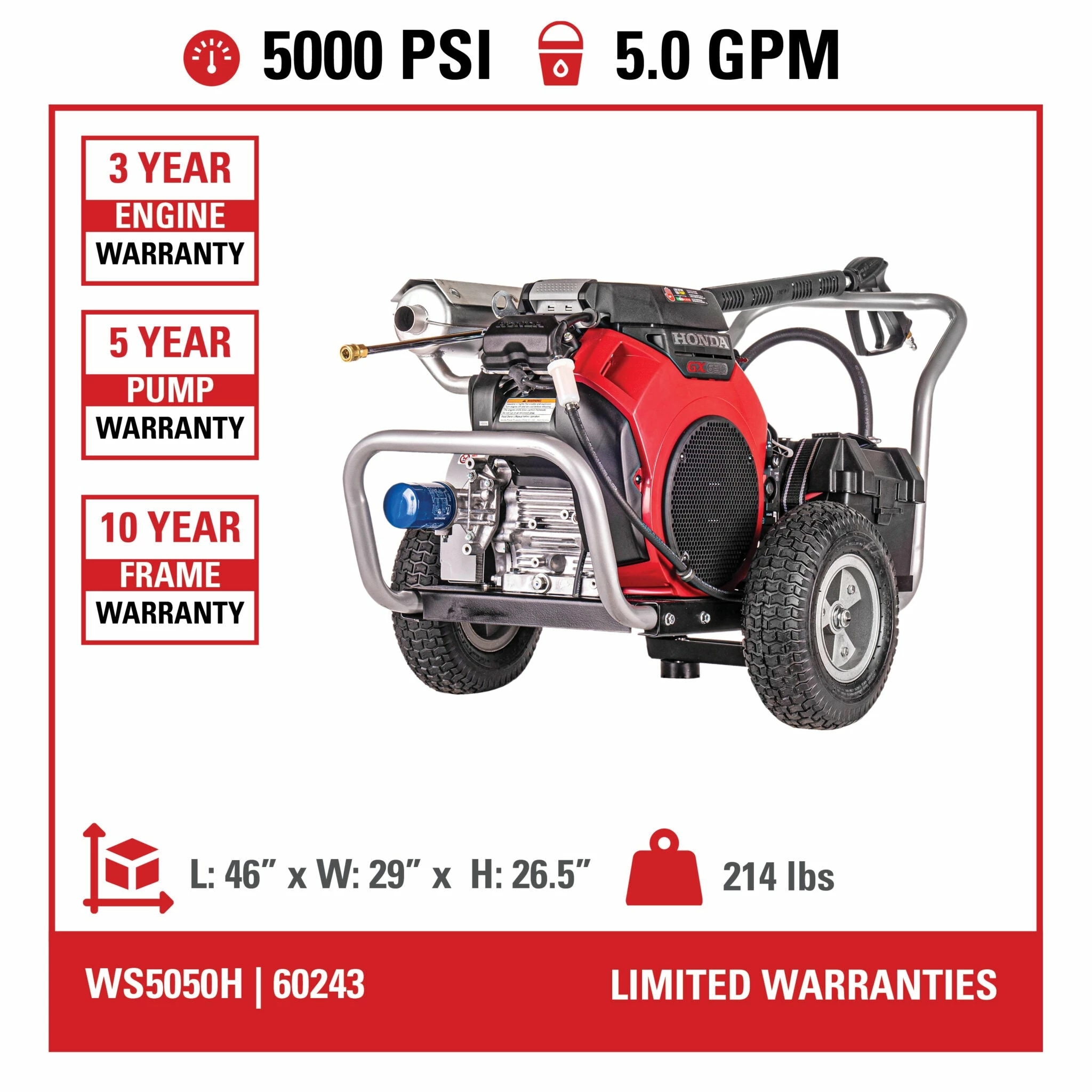 Simpson Water Shotgun Cold Water Belt Drive Honda V-Twin GX630 (688cc) Gas Engine Pressure Washer - 5000 PSI - 5.0 GPM Triplex Pump 13 Simpson Water Shotgun Cold Water Belt Drive Honda V-Twin GX630 (688cc) Gas Engine Pressure Washer - 5000 PSI - 5.0 GPM Triplex Pump